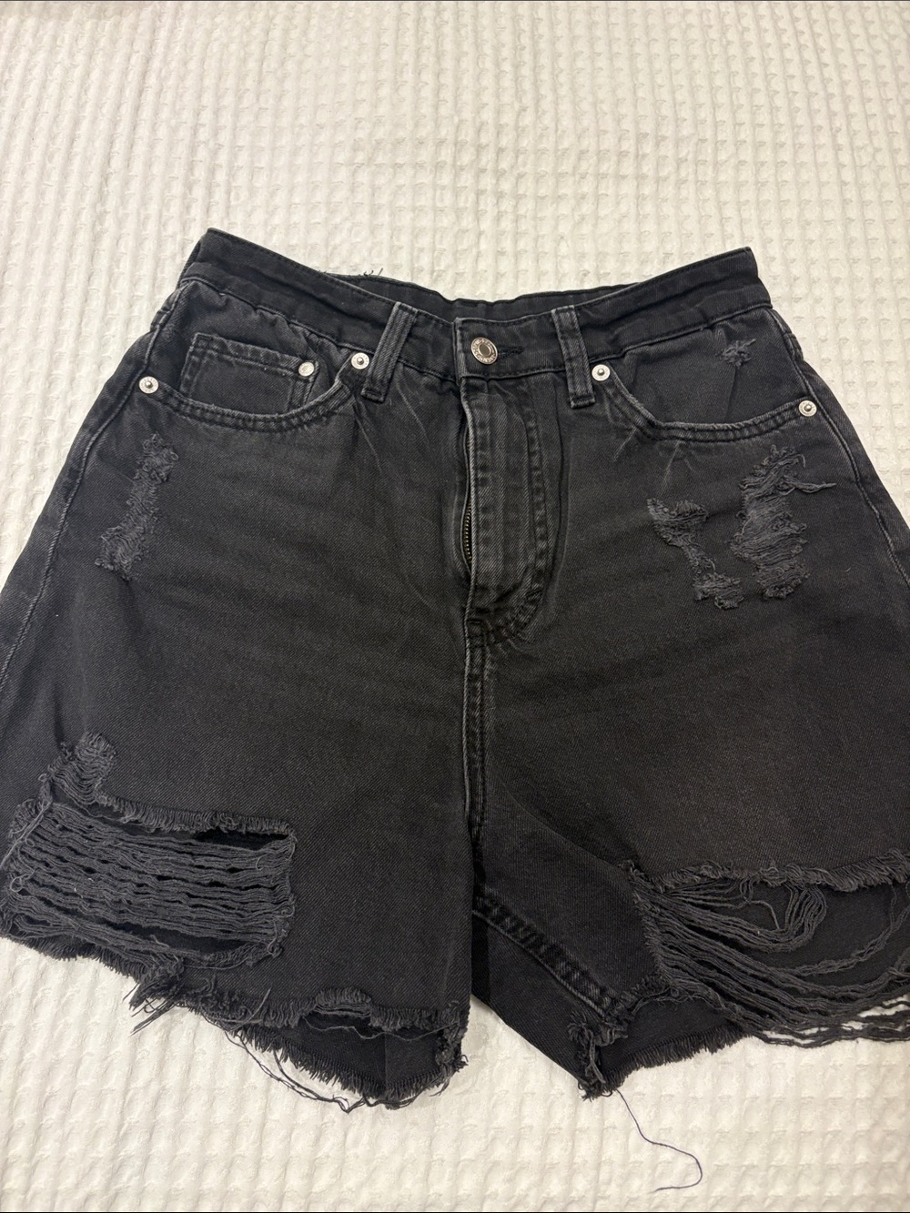 H&M Black High-Waist Distressed Denim Shorts